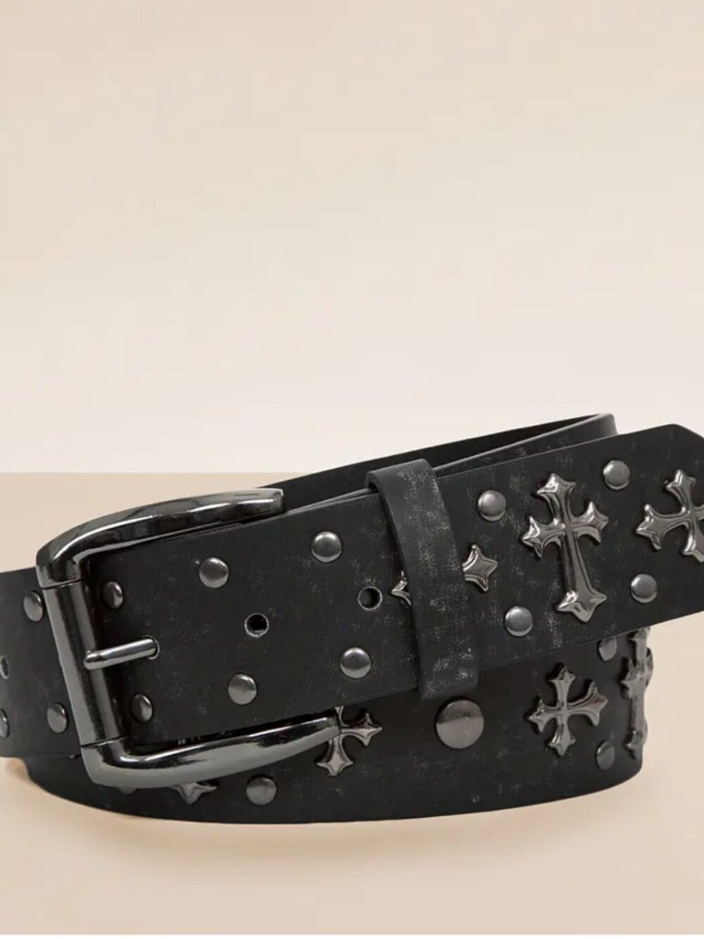 BKE Buckle Double Cross Leather Belt Black Crosses Unisex 32 Gothic Rock Biker